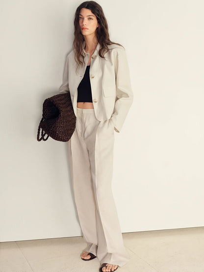 Effortless Apricot Wide Leg Set for Women with Collared Cropped Jacket Button Front Relaxed Style