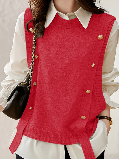 Comfortable Knit Sweater Vest for Women with Round Neck Sleeveless Button Front Ribbed Trim Style