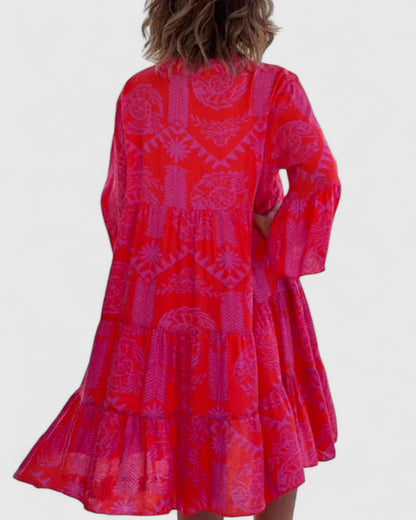 Effortless Tribal Print Kaftan Dress for Women with V Neck Bell Sleeve Tiered Side Slit Bohemian Style