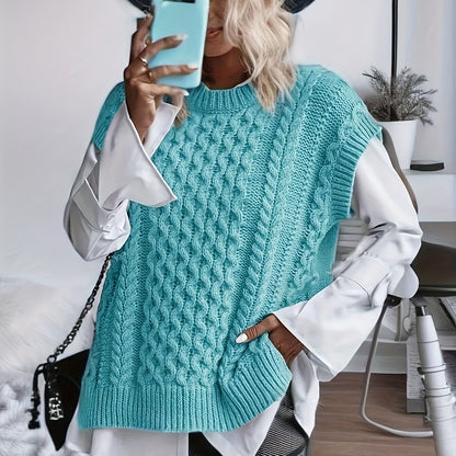 Comfortable Cable Knit Sweater Vest for Women with Crew Neck Sleeveless Oversized Relaxed Knit Style