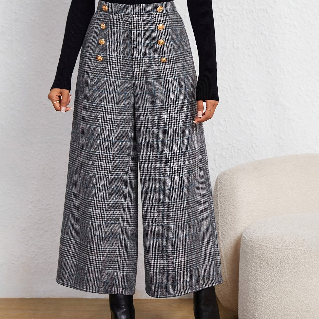 Elegant Grey Houndstooth Wide Leg Pants for Women with High Waist Button Front Tailored Style