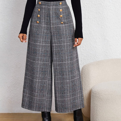 Elegant Grey Houndstooth Wide Leg Pants for Women with High Waist Button Front Tailored Style