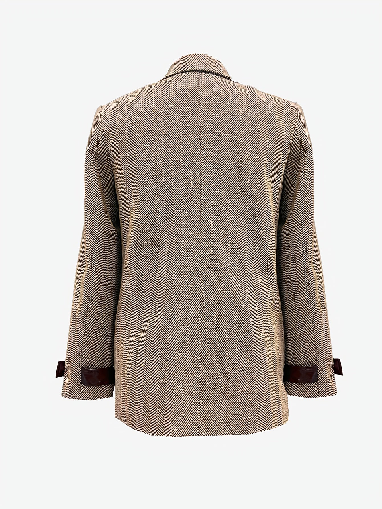 Elegant Khaki Herringbone Tweed Blazer for Women with Notch Lapel Long Sleeve Leather Trim Tailored Style