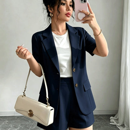 Elegant Tailored Short Suit for Women with Notched Lapel Half Sleeve Button Front Blazer Two Piece Style