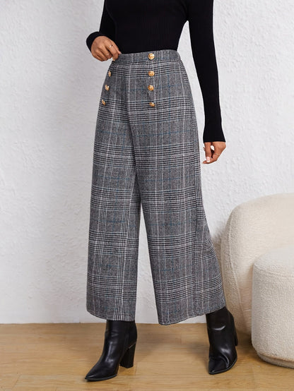 Elegant Grey Houndstooth Wide Leg Pants for Women with High Waist Button Front Tailored Style