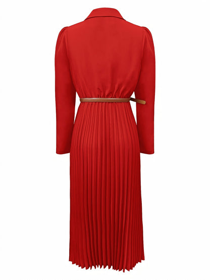 Elegant Pleated Shirt Dress for Women with Collar Long Sleeve Belted Flowing Style