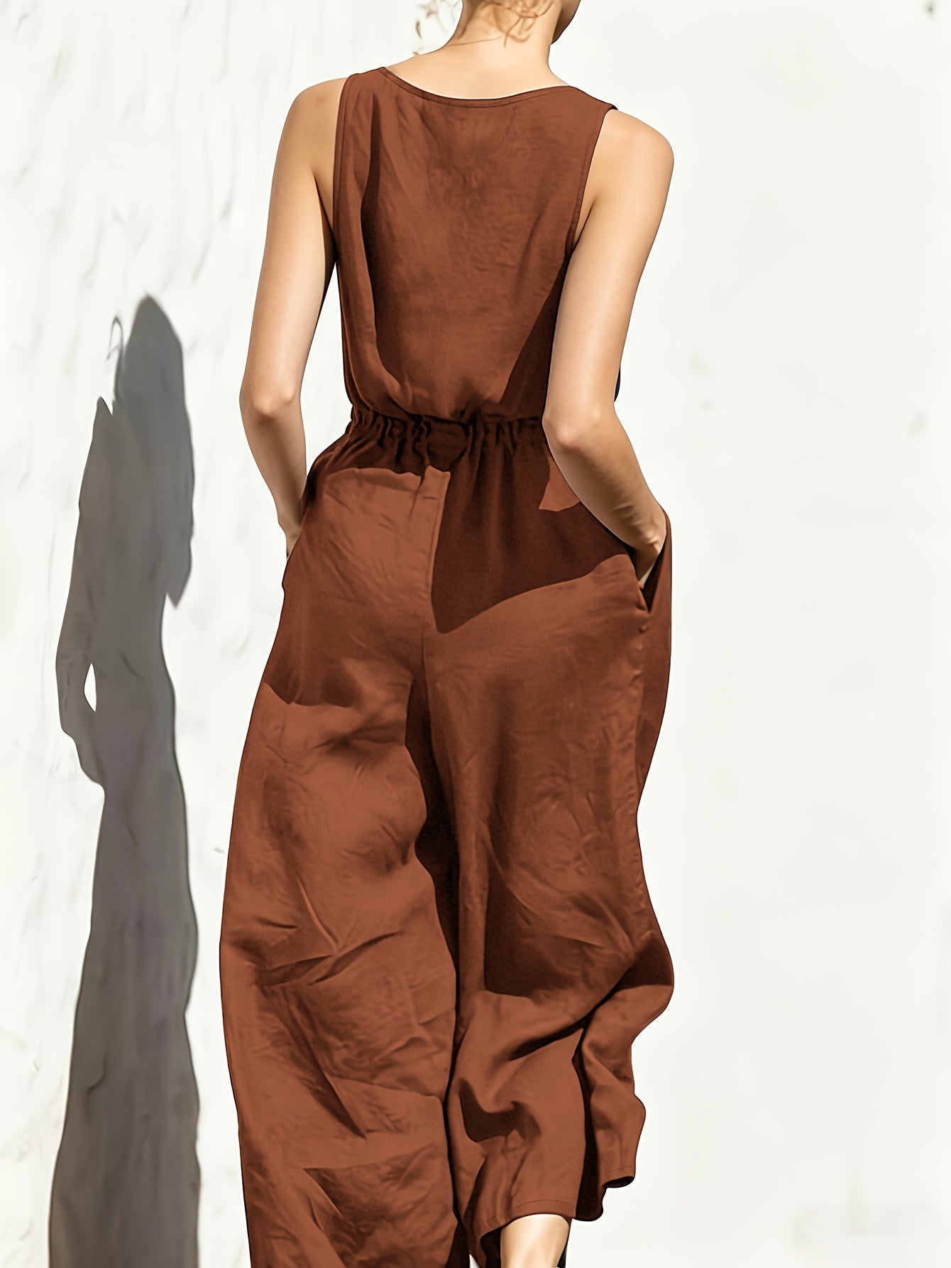 Effortless Navy Blue Linen Wide Leg Jumpsuit for Women with V Neck Sleeveless Button Front Relaxed Style