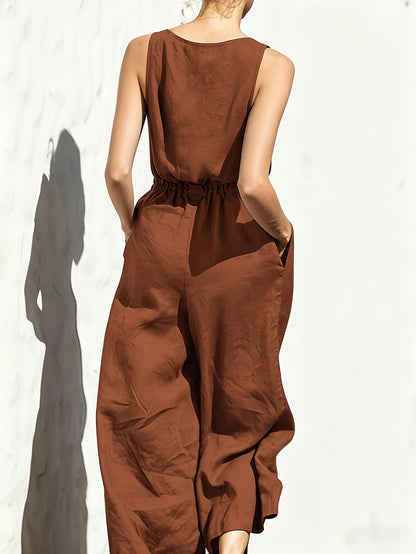 Effortless Navy Blue Linen Wide Leg Jumpsuit for Women with V Neck Sleeveless Button Front Relaxed Style
