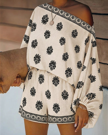 Effortless Embroidered Two Piece Set for Women with Off Shoulder Batwing Sleeve Relaxed Bohemian Style