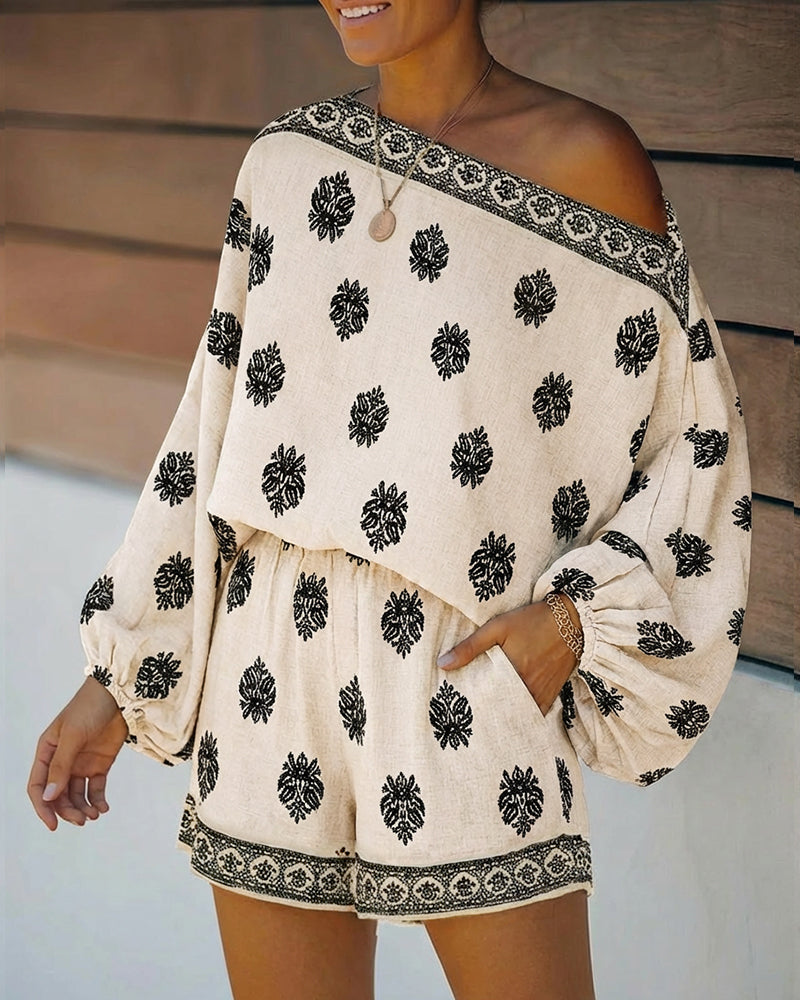 Effortless Embroidered Two Piece Set for Women with Off Shoulder Batwing Sleeve Relaxed Bohemian Style