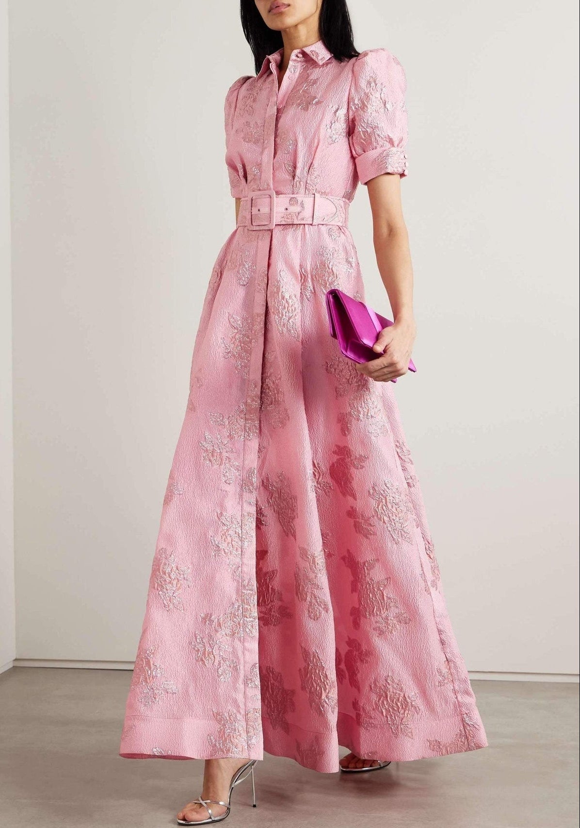 Elegant Pink Floral Jacquard Shirt Dress for Women with Collar Puff Sleeve Belted Maxi Flowing Style