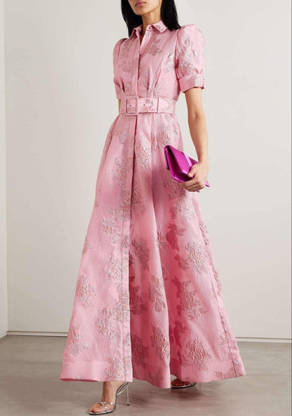 Elegant Pink Floral Jacquard Shirt Dress for Women with Collar Puff Sleeve Belted Maxi Flowing Style