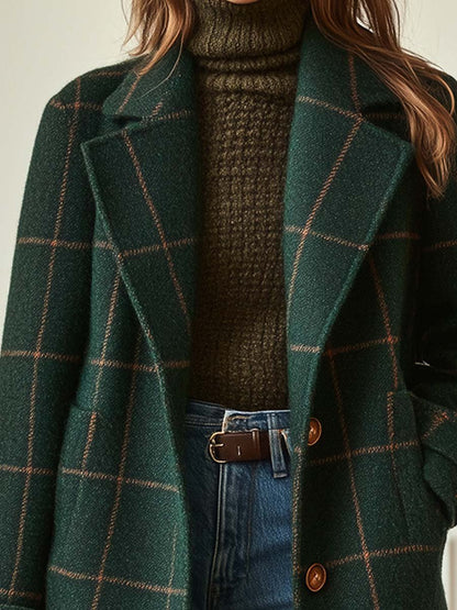 Elegant Plaid Wool Coat for Women with Notched Lapel Long Sleeve Button Front Longline Style