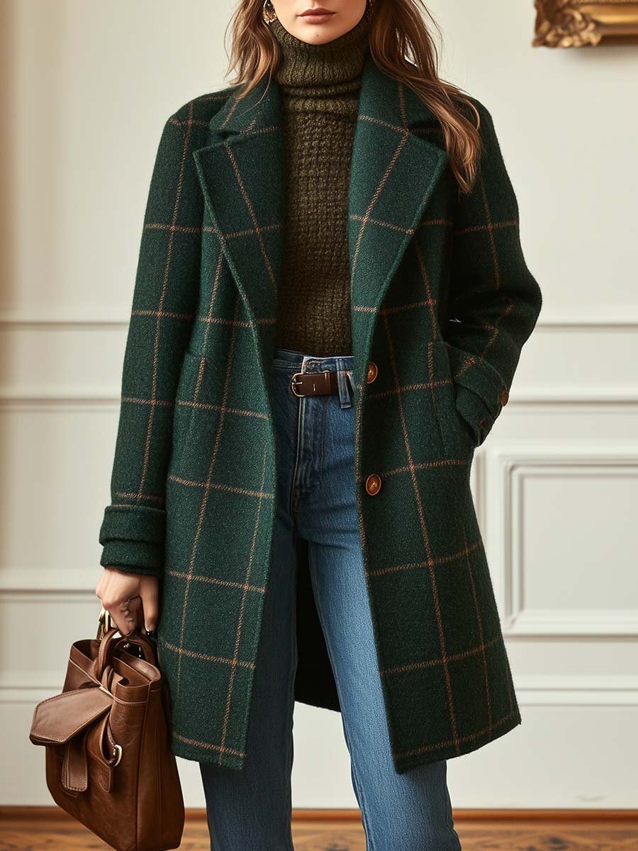 Elegant Plaid Wool Coat for Women with Notched Lapel Long Sleeve Button Front Longline Style