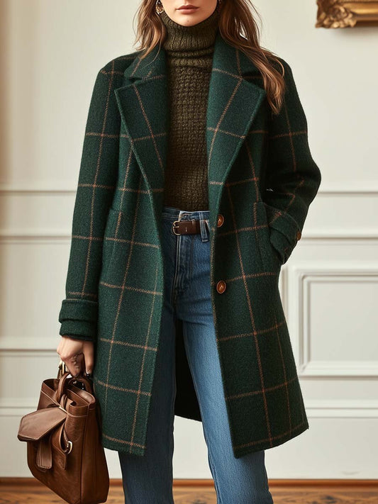 Elegant Plaid Wool Coat for Women with Notched Lapel Long Sleeve Button Front Longline Style