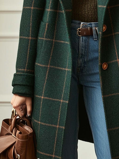 Elegant Plaid Wool Coat for Women with Notched Lapel Long Sleeve Button Front Longline Style