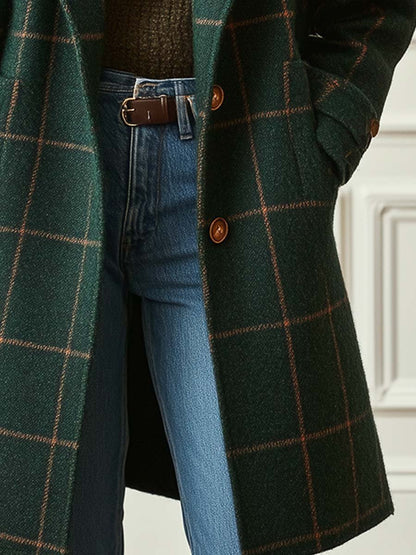 Elegant Plaid Wool Coat for Women with Notched Lapel Long Sleeve Button Front Longline Style