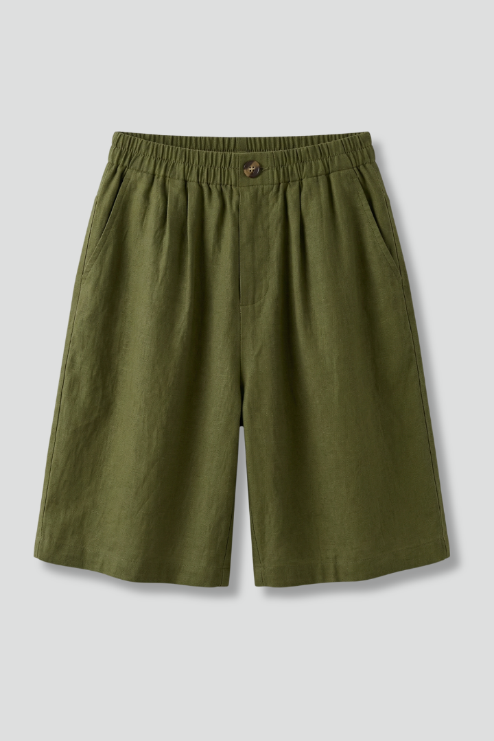 Effortless Linen Bermuda Shorts for Women with Elastic Waist Pleated Knee Length Casual Style