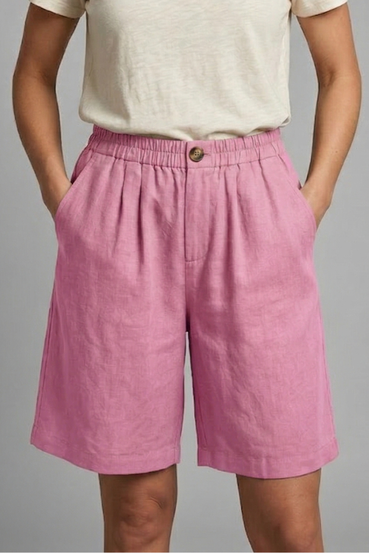 Effortless Linen Bermuda Shorts for Women with Elastic Waist Pleated Knee Length Casual Style
