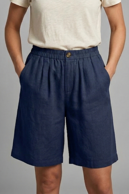 Effortless Linen Bermuda Shorts for Women with Elastic Waist Pleated Knee Length Casual Style