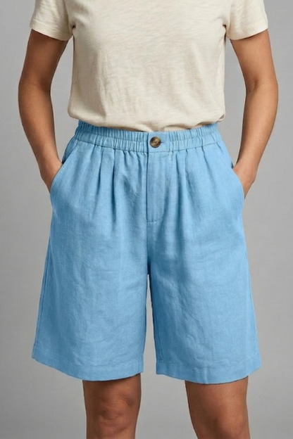 Effortless Linen Bermuda Shorts for Women with Elastic Waist Pleated Knee Length Casual Style