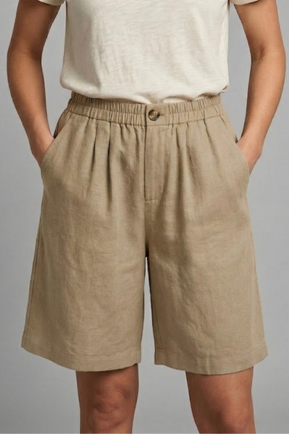 Effortless Linen Bermuda Shorts for Women with Elastic Waist Pleated Knee Length Casual Style