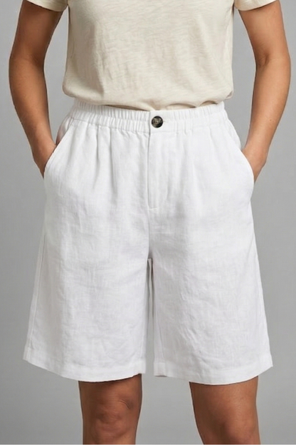 Effortless Linen Bermuda Shorts for Women with Elastic Waist Pleated Knee Length Casual Style