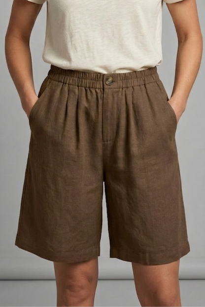 Effortless Linen Bermuda Shorts for Women with Elastic Waist Pleated Knee Length Casual Style