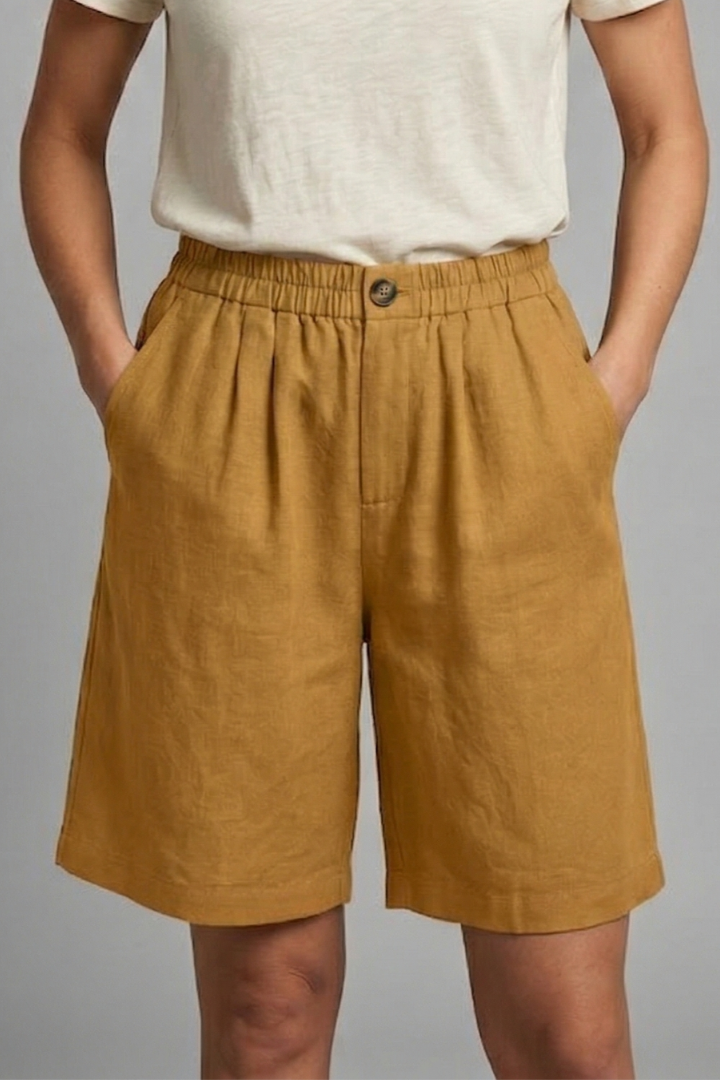 Effortless Linen Bermuda Shorts for Women with Elastic Waist Pleated Knee Length Casual Style