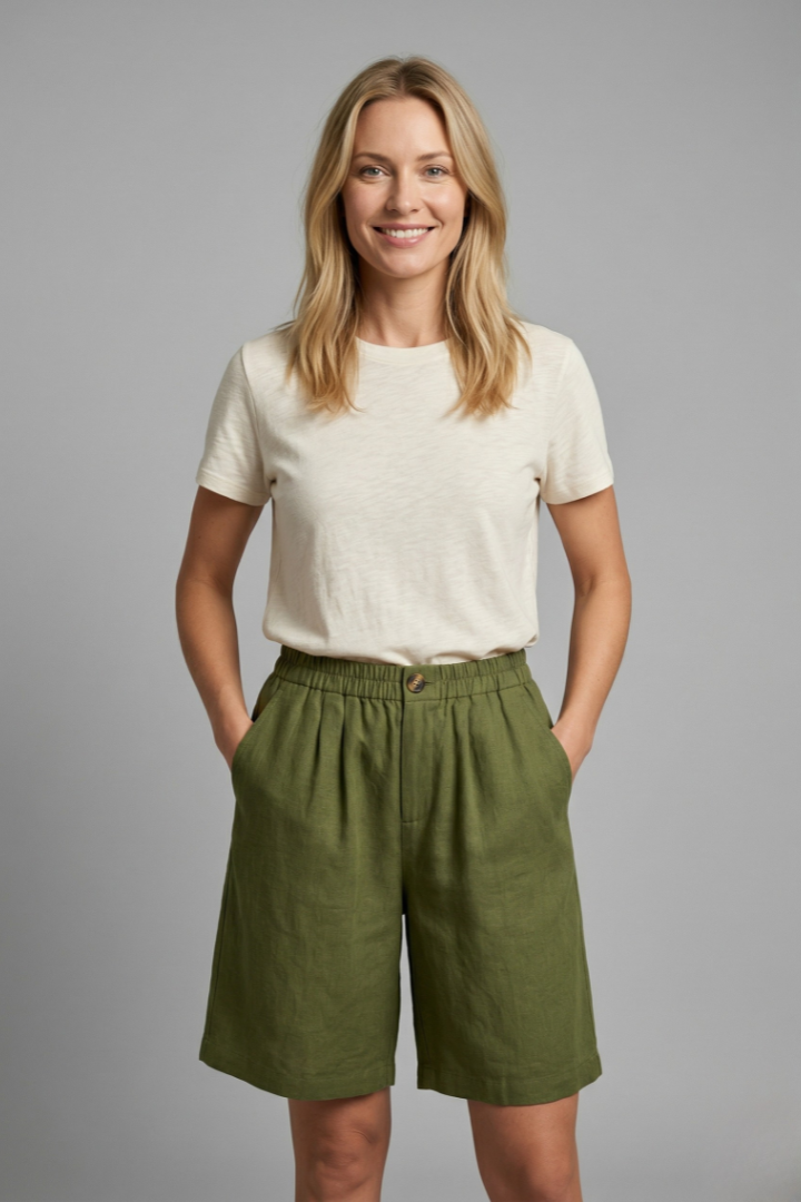 Effortless Linen Bermuda Shorts for Women with Elastic Waist Pleated Knee Length Casual Style