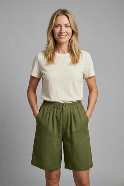 Effortless Linen Bermuda Shorts for Women with Elastic Waist Pleated Knee Length Casual Style