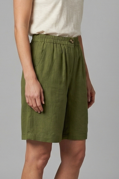 Effortless Linen Bermuda Shorts for Women with Elastic Waist Pleated Knee Length Casual Style