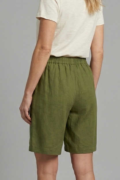 Effortless Linen Bermuda Shorts for Women with Elastic Waist Pleated Knee Length Casual Style