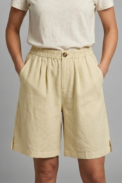 Effortless Linen Bermuda Shorts for Women with Elastic Waist Pleated Knee Length Casual Style