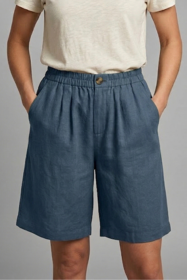 Effortless Linen Bermuda Shorts for Women with Elastic Waist Pleated Knee Length Casual Style