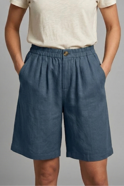 Effortless Linen Bermuda Shorts for Women with Elastic Waist Pleated Knee Length Casual Style