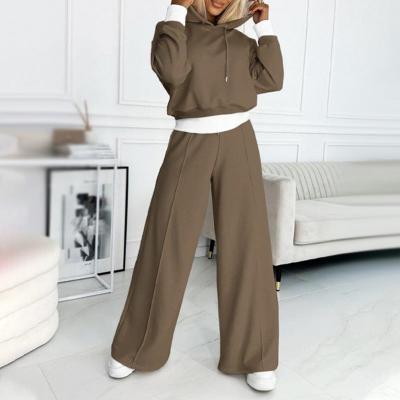 Effortless Cropped Hoodie Wide Leg Set for Women with Drawstring Long Sleeve Relaxed Two Piece Style