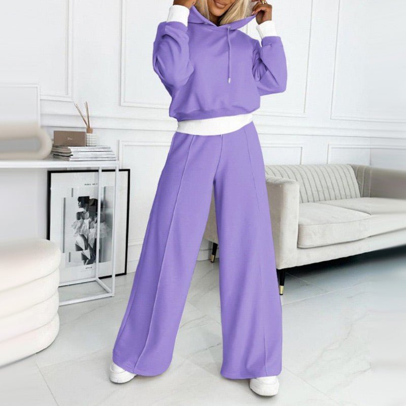 Effortless Cropped Hoodie Wide Leg Set for Women with Drawstring Long Sleeve Relaxed Two Piece Style