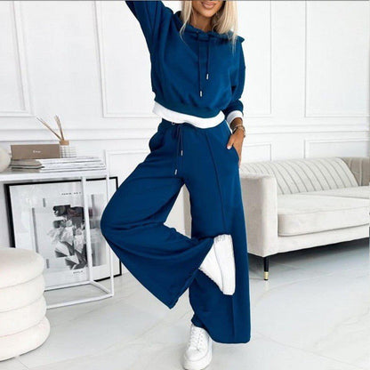 Effortless Cropped Hoodie Wide Leg Set for Women with Drawstring Long Sleeve Relaxed Two Piece Style
