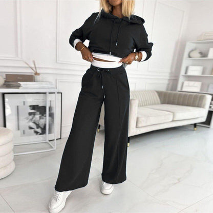 Effortless Cropped Hoodie Wide Leg Set for Women with Drawstring Long Sleeve Relaxed Two Piece Style