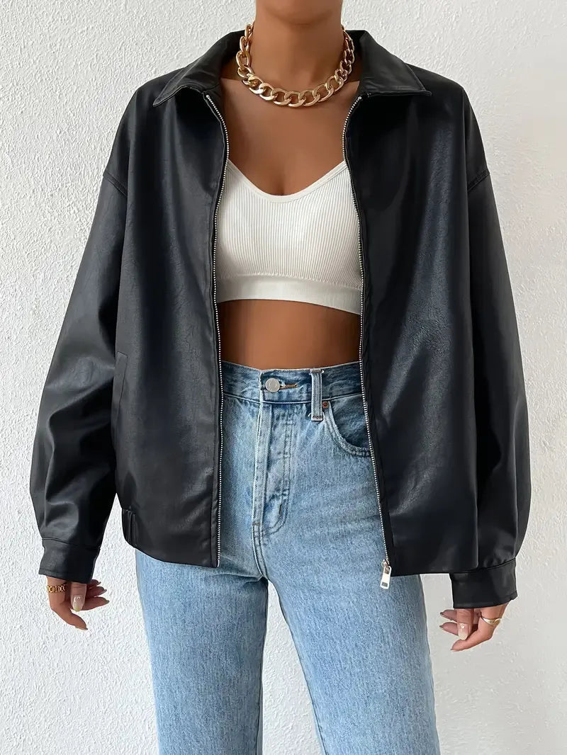 Elegant Black Leather Jacket for Women with Collar Long Sleeve Oversized Zip Front Style