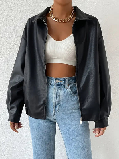Elegant Black Leather Jacket for Women with Collar Long Sleeve Oversized Zip Front Style