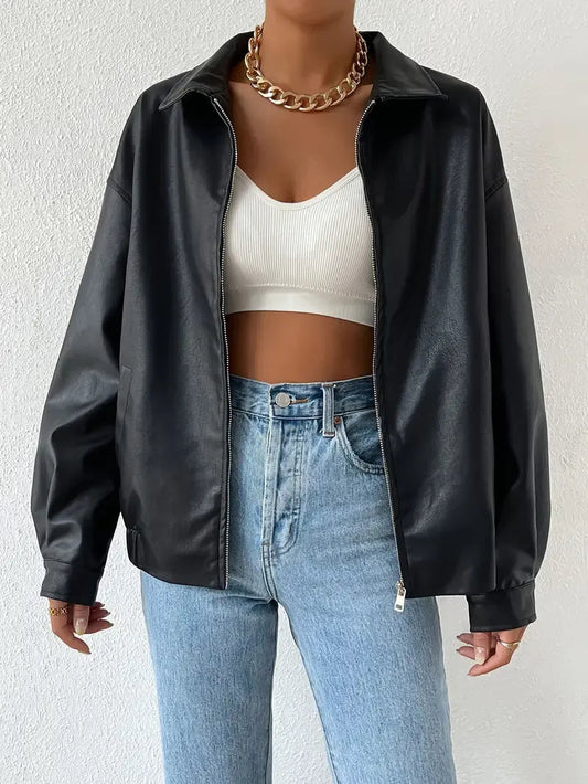 Elegant Black Leather Jacket for Women with Collar Long Sleeve Oversized Zip Front Style