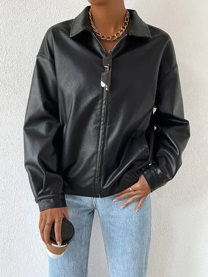 Elegant Black Leather Jacket for Women with Collar Long Sleeve Oversized Zip Front Style