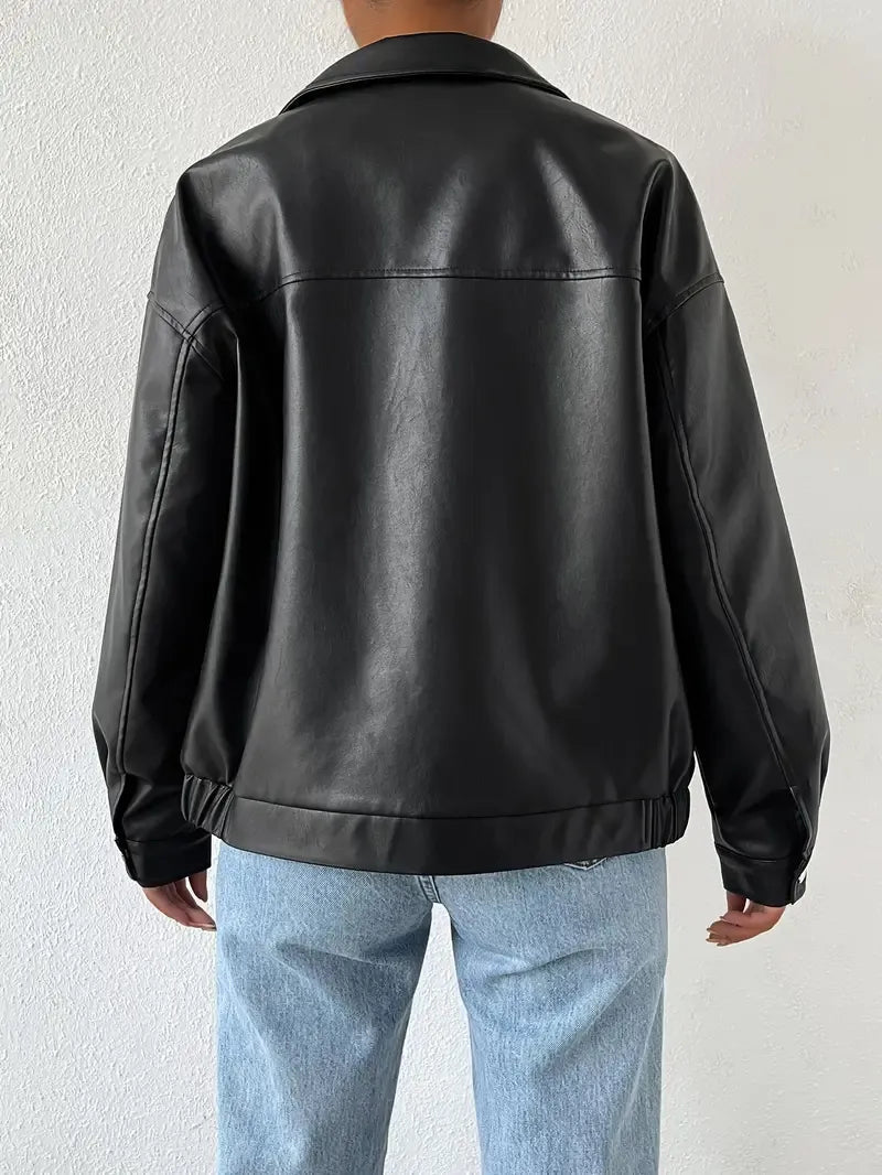 Elegant Black Leather Jacket for Women with Collar Long Sleeve Oversized Zip Front Style