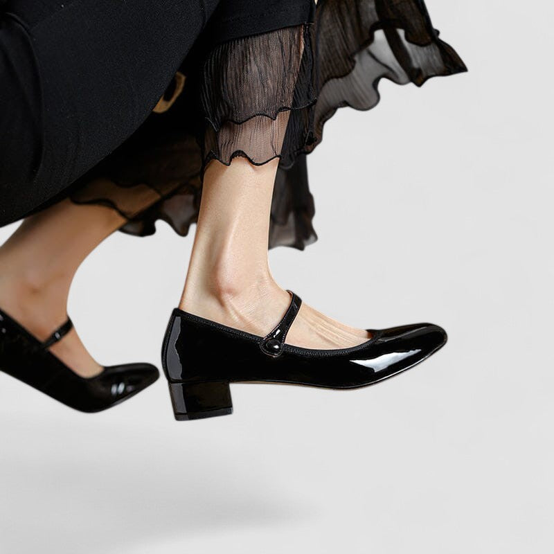 Elegant Patent Leather Mary Jane Shoes for Women with Round Toe Ankle Strap Block Heel Style