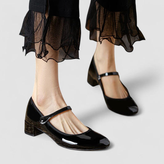 Elegant Patent Leather Mary Jane Shoes for Women with Round Toe Ankle Strap Block Heel Style