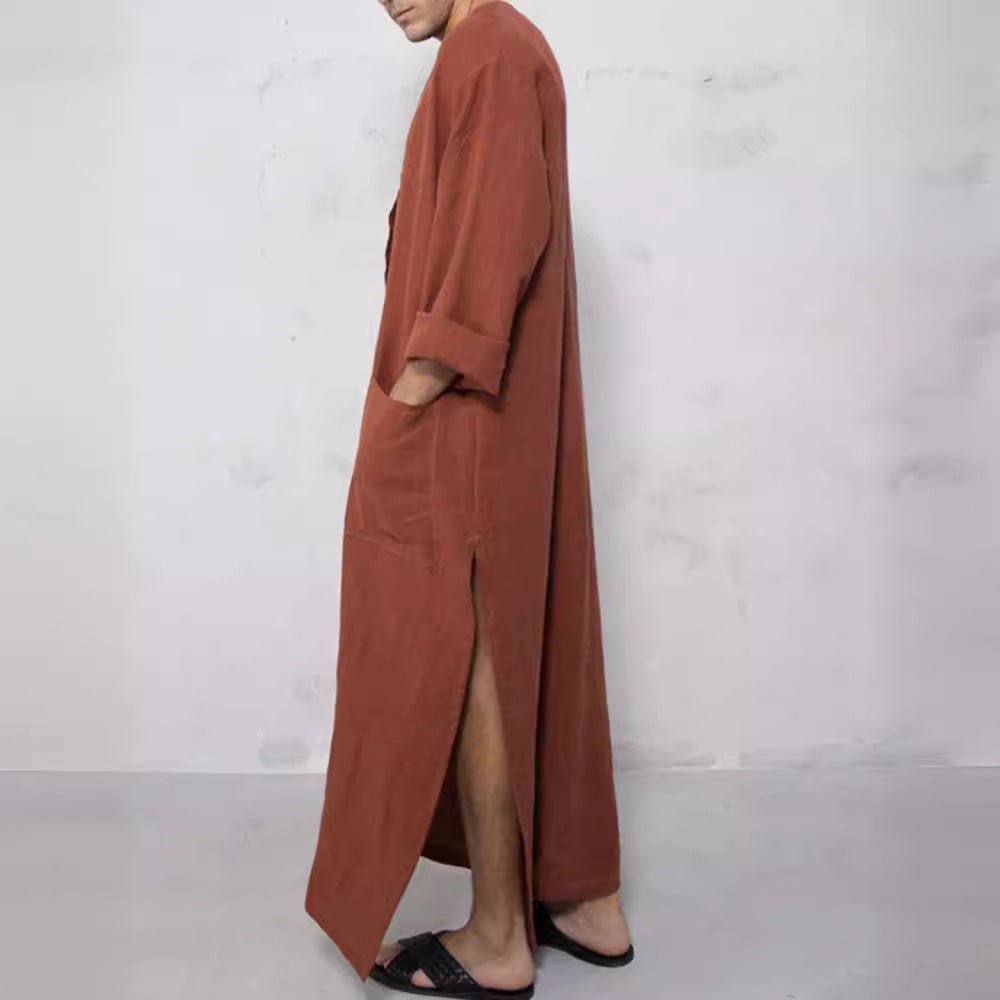 Effortless Linen Kaftan for Women with Stand Collar Long Sleeve Button Front Relaxed Flowing Style