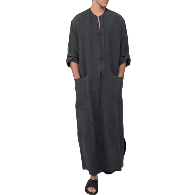 Effortless Linen Kaftan for Women with Stand Collar Long Sleeve Button Front Relaxed Flowing Style