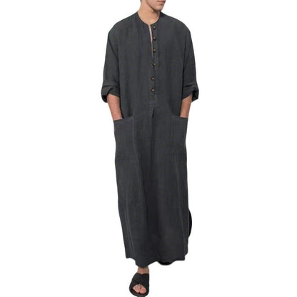 Effortless Linen Kaftan for Women with Stand Collar Long Sleeve Button Front Relaxed Flowing Style